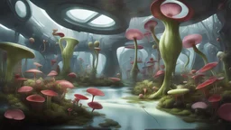 futuristic interior space with carnivorous plants and flowers, 21st Century, painted by Squidward Tentacles, Interior design --ar 16:9 --weird 1000 --chaos 25 --iw 1 --q 2
