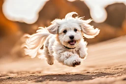 A high-speed action shot of a white Havanese puppy with brown ears, captured in mid-leap or play. The image is detailed and intricate, featuring swirling fractal patterns surrounding the puppy, enhancing the sense of motion and energy. In the background, there's a mesmerizing fractal landscape, with complex geometric shapes and vibrant colors. The landscape and the fractal patterns around the puppy blend seamlessly, creating a dynamic and visually captivating scene in space with chrome silver pl