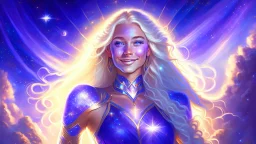 Full body portrait of a peaceful smiling gorgeous blonde Goddess of the galaxies with a blue indigo purple skin, high skul, luminous eyes in a galactic sunset