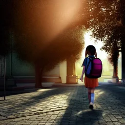 a cute girl who is around the age of 6 years ago caring her school bag as she is walking to school , dramatic, dramatic lighting, volumetric lighting, hyperrealism, 8k, high quality, photorealistic, lot of details