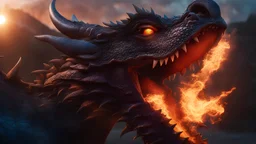 Photo , realistic detailed filming of a dragon spitting fire, landscape background, masterpiece, rich moody colors, blue eyes, sunrise, strong texture, extreme detail, intricate, strong colors, relief, high resolution, volumetric light, 8k, 3d, cinematic, rich moody colors, shiny, blue eyes, octane render, 55mm photography, 8k, sharp focus, light volumetric, ZBrush, architecture by henri rous
