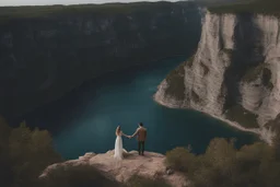 Only one guy and a girl are standing on the edge of a cliff and holding hands