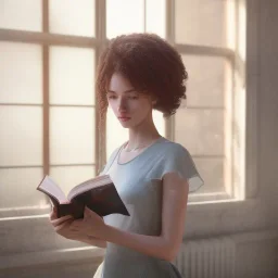 Study girl, curl hair read a book in by the window, ultra detail, real photo realistic, unreal engine, cinematic lighting --ar 1:1 creative