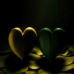 two hearts, dark green and yellow colours, romantic atmosphere