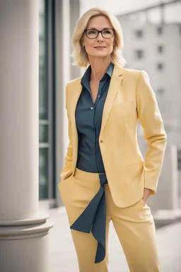 Powerful classical portrait of a modern blonde politician with glasses in her mid 40s wearing a pastel yellow pant suit standing in a elegant position. she looks kinda and have a soft smile