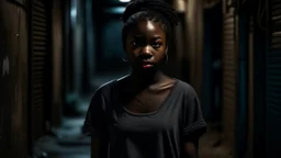 A young, afraid African American girl standing alone in a dark alley, the camera capturing her vulnerability from a distance.