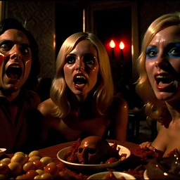 Horror movie shot, hot, ultra realistic, dine, horns, ultra realistic hot blonde women, party, pieces of meat, organs, hot dynamic, very excited people, hypermaximalist figures, light, 1970's Italian horror movie, sinister,, Dario Argento, Stanley Kubrik, ornate, 4k, photorealism