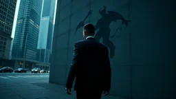 a high realistic photo from a business man walkings on street his own shadow as devil walking behind man on big wall , modern city, weird atmosphere.detalied, sharp focus, surreal mood, thriller, dark dream