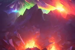 realm of shattered rainbow crystals being destroyed by explosions, glowing! fractured crystals, firey light reflecting off the crystal shards, by sylvain sarrailh, rossdraws, ambient light, ultra detailed, fantasy artwork, 8 k, volumetric lighting, trending on artstation, award winning, beautiful scenery, very beautiful.