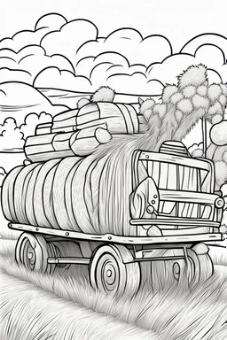 coloring page, flatbed wagon carrying hay, cartoon style, thick lines, low detail, no shading