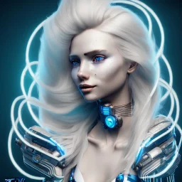 A beautiful portrait of a cute smiling cyberpunk woman, long blond platinum hair, high key lighting, volumetric light high details with blue and white stripes and feathers and white celtic paterns, beam starry background