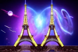 Eiffel tower but bigger and made from diamonds . nebula in sky . flying cars passing by.