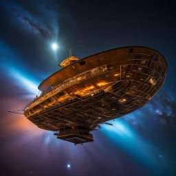 Cardboard ship lit by LEDs with a light from a solar garden lamp in the middle in the background a poster of the keel nebula. foto in long exposure with a y 360 huawei with the long exposure software. , by Chris Foss