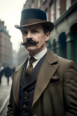 A Victorian-era detective, male, monocle, detailed, hyper realistic, mid-40s, handlebar mustache, tweed suit, standing in a misty London street,