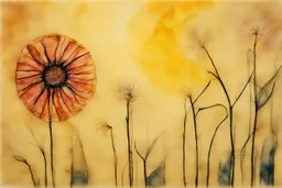 painted and burned burlap, sunshine, flowers, styles of Paul Klee Dee Nickerson and Tim Burton, melting watercolor and black ink outlines on wet paper, soft, shading strokes, in sunshine, ethereal, otherwordly, cinematic postprocessing, bokeh, dof