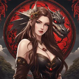 Icon or avatar. An arrogant looking young woman with pale skin and long brown hair in an outdoor fantasy setting with intricate details with a dragon flying in the far distance. She is smirking, wearing black and read leather, has red eyes, an air of malevolent power surrounds her. Anime style. High definition.