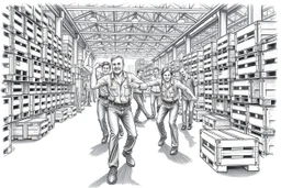 workers dancing in a industry factory with lot of wooden crates , a drawing with sketch lead pencil, no beards and light hair, the music video from AHA style (take on me)