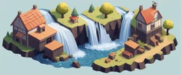 isometric game waterfall and mill landscape with houses and fog of war