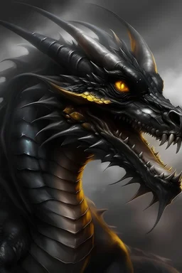 dragon with charcoal skin, long snaky body, black like the night, 3 heads open to reveal a star shaped mouth with 36 eyes