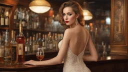 Russian prostitute 30 years old in a bar in Paris, brandy, sleeveless open dress, lace, 1917, public, 3d, 64k, high resolution, high detail, fine rendering, computer graphics, hyperrealism, f/16, 1/300 sec. digital painting,