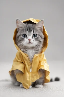 baby cat in raincoat. Chibi, Photograph, Canon DSLR, Tilt - shift, white background, high definition, Complete and coordinated composition, 8k