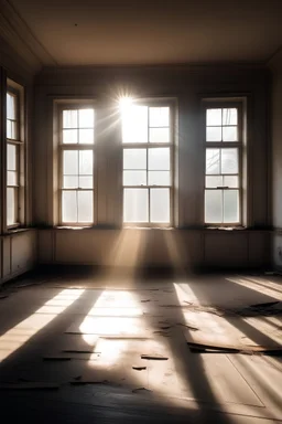 fotografía de un habitación vacía, de un casa abandonada, con el sol entrando por un ventanal y con luz difusa