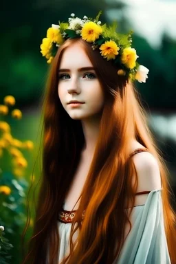 a girl with long hair, warm skin, flower crown and beautifull scenery