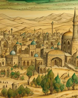 A tan town made out of stones designed in cave paintings , a mosque with minarets in the middle painted by Van Gogh