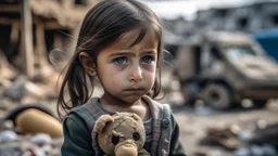palestinian little girl looking at face to face her toy with tears and Destroyed buildings in the background