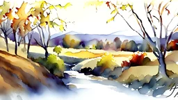 watercolor painting wineyard hill river autumn leaves