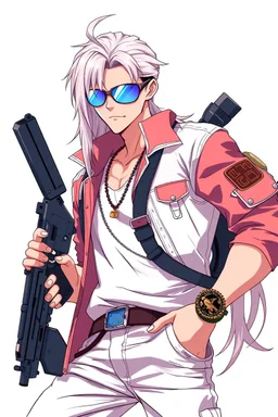 male cyberpunk solo with long hair tail, Norwegian, Wearing Leisureware and mirrored sunglasses, armed with heavy pistol, lean, nice, Anime Style, Retroanime, Video Game Character