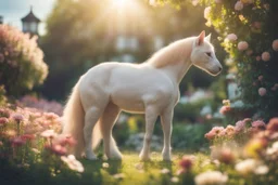 antropomorph cat horse in a flowergarden in sunshine, ethereal, cinematic postprocessing