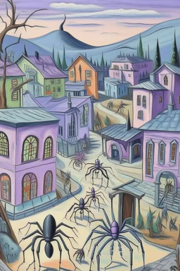 A light purple Day of the Dead themed town with spiders painted by Paul Cezanne