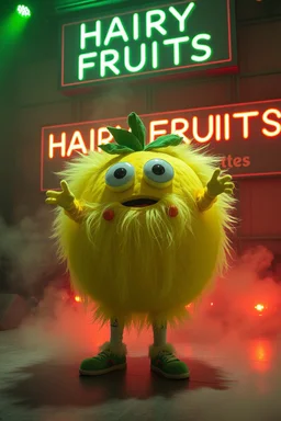 An big cute fruit costume with big eyes "Hairy Fruit" performing at dance club, his name is "Harry" HAIRY FRUITS EVERYWERE On stage, Green Neon lights and smog, "HAIRY FRUITS" big sign on the wall