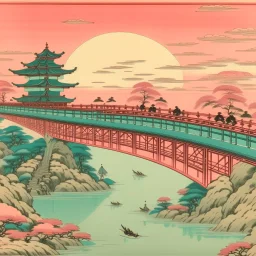 A light pink bridge with mystical clocks painted by Utagawa Hiroshige
