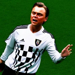 Leonardo Di Caprio in a referee jersey officiating for a soccer match at Wembley Stadium