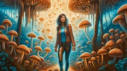 woman with black hair, in light brown leather trousers and jacket, walking through a forest of Alien mushrooms with jellyfish tentacles, photorealistic, Deep Colour, Intricate Detail, Keith Parkinson