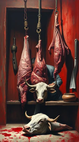 Bosch style painting , A shadow of a spirit inside a bloody butcher store , the butcher is cutting a big cow meat hanging with hooks with details on red bloody background of a meat store , blood is everywhere on the wall and his clothes, a head of the cow is on the table,