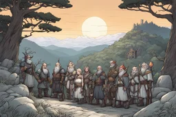 [comics Andrew MacLean style] At the crest of the hill, under the watchful gaze of the setting sun, a motley crew of courageous souls stands assembled. The short bald dwarf healer, his weathered features etched with ancient knowledge, surveys the group with a keen eye. Beside him, the female Elf radiates an aura of forest magic, her eyes alight with the wisdom of the natural world. Opposite the Elf, the female thief from the dark city moves with a grace born of shadows, her pres