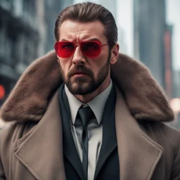 a young man with big muscles who looks like hans gruber wearing a heavy coat and red sunglasses staring with an angry look on his face