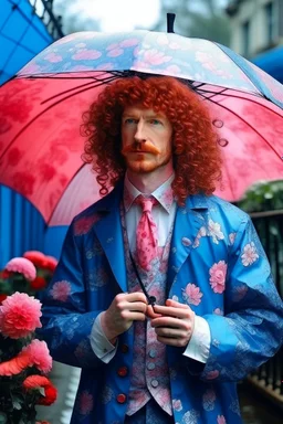 kind sailor, man, red curly hair, long jacket, pink-azure clothes, pink-azure cocked hat, white floral pattern on the jacket, flower in the hair. Pink and blue umbrella.