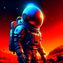 Mars developed by humans, spacecraft, future astronauts, cyberpunk style, space background, colorful