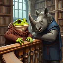 close a big and fat anthropomorphic frog hybrid in human clothes big head frog eyes talking with a strong anthropomorphic rhinoceros no horn, without horns in blue simple guard clothes, they talking and leaning on a wooden banister, in background a bibliothek with tall book shelves, detailed sci-fi, fantasy mood