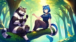 2Girl, blue hair, raccoon ears, raccoon tail, raccoon face, forest, sit on tree, raccoon paws on hand, paws on foot,