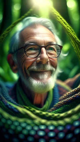 close up portrait of a happy blissed professor woven into a sacred geometry knitted tapestry hammock over an ant hill in the middle of lush magic jungle forest, bokeh like f/0.8, tilt-shift lens 8k, high detail, smooth render, down-light, unreal engine, prize winning