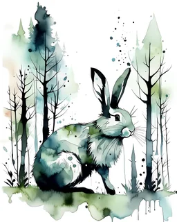 Watercolour effect, rabbit, forest abstract,roschCh ink blot test, white background, muted colour's.no black outline, no black colour