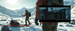 “Ultra-realistic outdoor adventure scene in snowy mountains. A rugged human adventurer carries a multifunctional backpack cam rig on a sled. The rig is integrated into the backpack with a telescopic camera mast, foldable sled/runners for low-angle shots, and small stabilizing wheels. Subtle LED lights on the rig glow softly. The backpack looks natural, weatherproof, and lightweight. Snow, rocks, and sunlight create natural shadows. The screen is split between footage and a pic of the equipment.