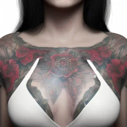 Hispanic woman with chest tattoos