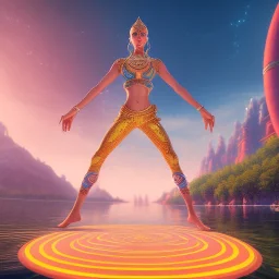 dhalsim, yoga artist swirl on a boat in the air, maze background , levitated lab equipment, 4k, Highly Detailed, Masterpiece, perfect eyes, Digital Illustration, Cinematic Lighting, Realistic, Sharp Focus, Centered, Beautifully Lit, Bioluminescent by Stanley Artgerm Lau