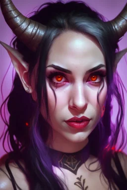 A portrait of a beautiful young female tiefling bard with deep red skin, fiery glowing eyes. A pair of symmetrical horns are protruding from her forehead. She has long black hair tied up in a ponytail and sidebangs.